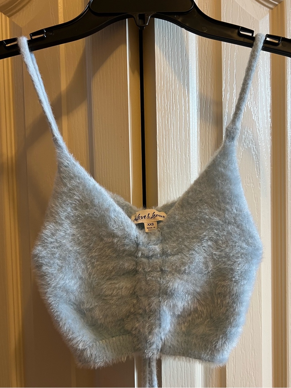 For Love & Lemons Fuzzy V-Neck Sweater Bralette in Light Blue